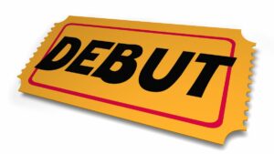 3D illustration of orangey-yellow retro-style movie ticket with red inner outline. Tickets reads Debut in the centre in black. White background