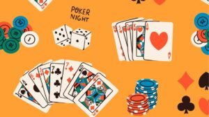 hand drawn vector illustration features playing cards, chips, dice and card suit symbols and phand printed words that read poker night on orangey-yellow background