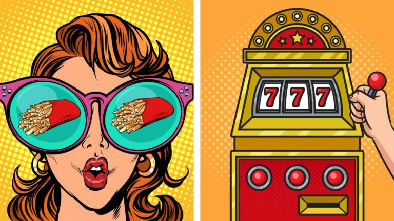 Left image: retro style illustration of wavy red haired woman wearing purple cats eye sunglasses with fries in red take out boxes reflected in lenses. Yello-orange dot-style background Right image: retro style illustration of one arm bandit machine with triple sevens displayed on orange dot style background