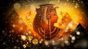 Abstract ancient Egyptian image with dark bokeh elements featuring image of Cleopatra