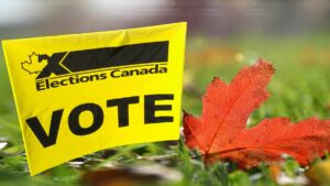 Close up of a yellow and black Elections Canada sign red to red maple leaf on blurred grass