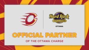image features ottawa charge logo on left and Hard Rock Hotel & Casino Ottawa on right on light grey background. Centered below text reads Official Partner of the Ottawa Charge. Surrounding border is red-burgundy and yellowy-orange designs matching the Charge's logo