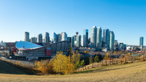 Calgary, Alberta, Canada city skyline featuring Scotiabank Saddledome stadium