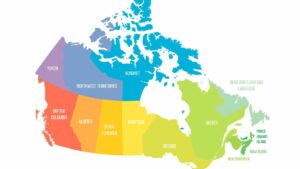 Rainbow coloured Canadian map. Each province and territory is a different, complimentary shade