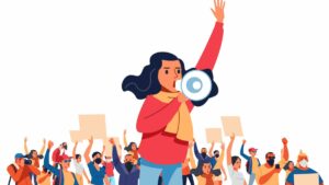 Illustration of young woman with megaphone leading mixed group of strikers