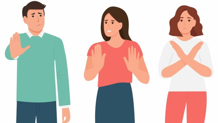 Digital illustration. One man and two women stand in a line facing the viewer. Each is miming a different 'no' or 'stop' action