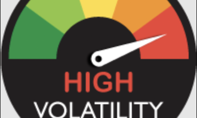 Medidor de volatilidad con aguja apuntando al rojo, indicando alta volatilidad, acompañado del texto ‘HIGH VOLATILITY