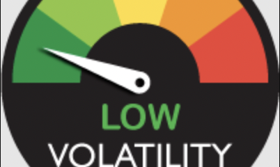 Medidor de volatilidad con aguja apuntando a verde, indicando baja volatilidad, acompañado del texto ‘LOW VOLATILITY’