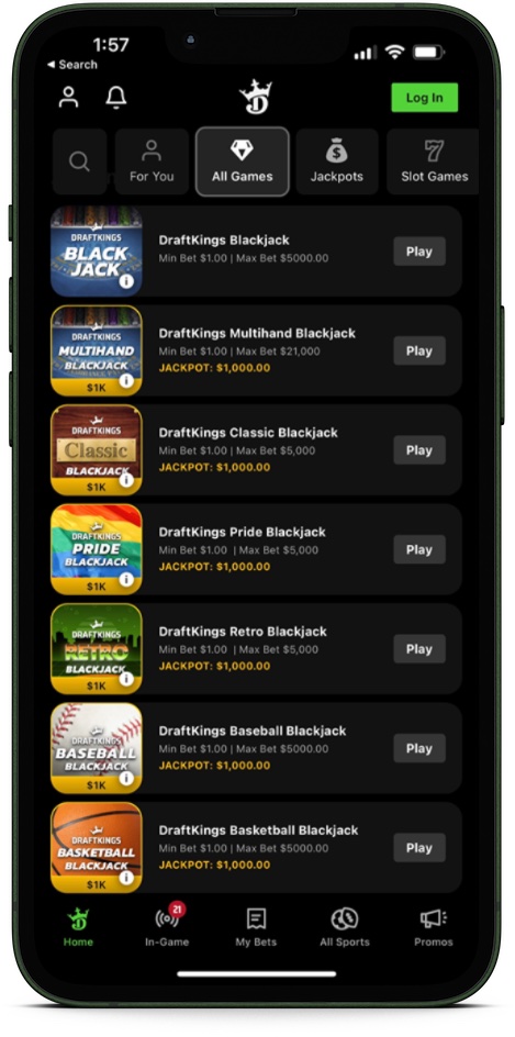 Pantalla del móvil en la app de DraftKings Casino, con todos los juegos disponibles. 