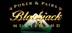 Logo de Blackjack Poker & Pairs Multihand con dos carta en el fondo. 