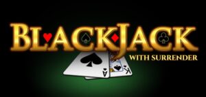 Logo de Blackjack with surrender, con dos cartas: As y K de corazón negro. 