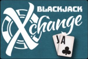 Logotipo de Blackjack Xchange sobre fondo azul, con fichas de casino estilizadas, y dos cartas: J y A de tréboles.