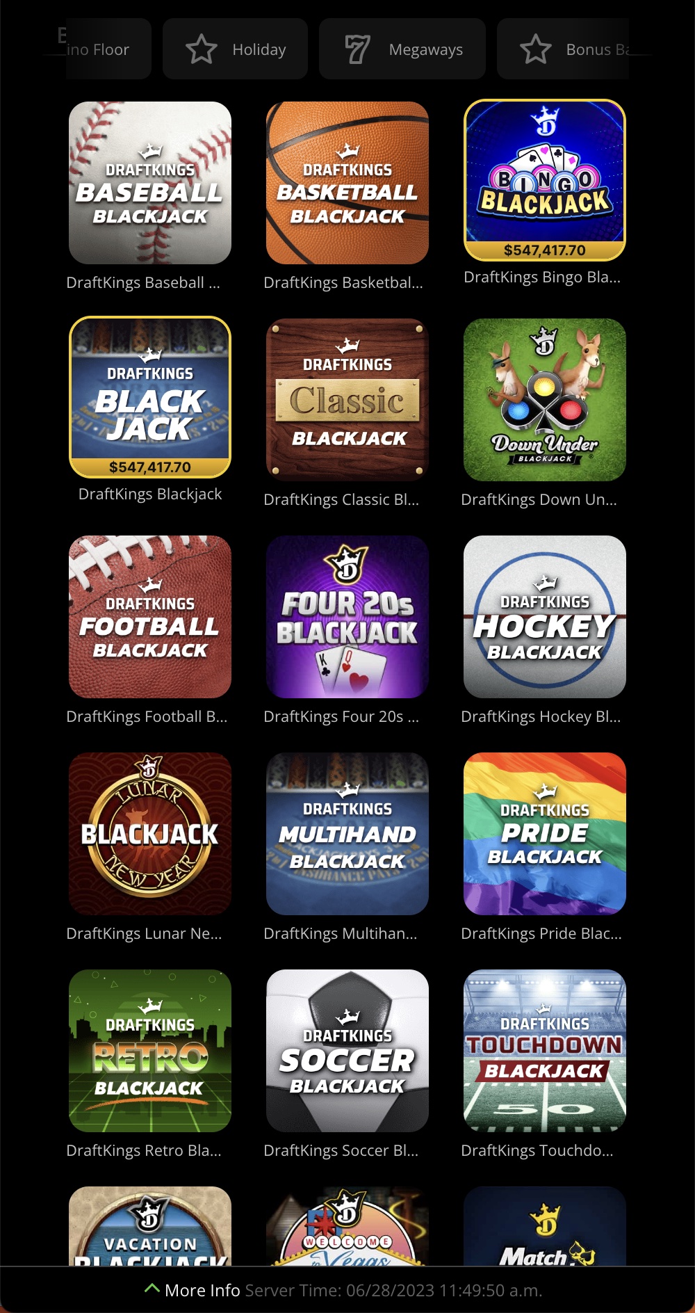 DraftKings Casino Blackjack Games Screenshot