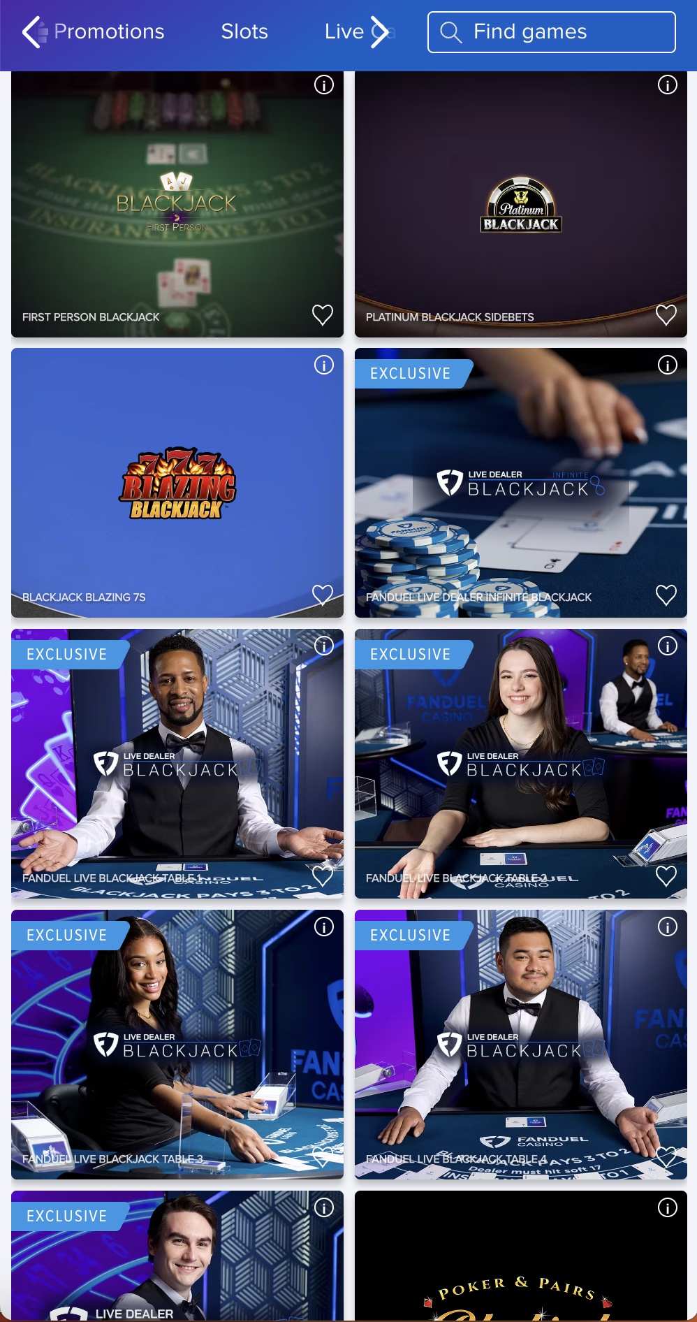 FanDuel Casino Blackjack Games Screenshot