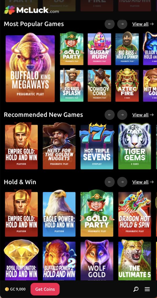Pantalla de la app de McLuck Social Casino mostrando los juegos más populares 