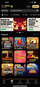 Página principal de BetMGM Casino en la app móvil. 