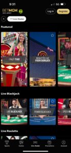 Pantalla de la app móvil de BetMGM Casino con los juegos recomendados de Live Dealer