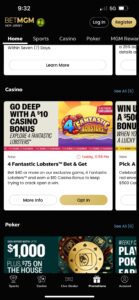 Pantalla de la app móvil de BetMGM Casino 