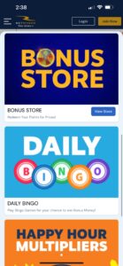 Pantalla de la app de BetRivers Casino sección de la tienda de bonos y promociones. 
