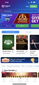 Menú principal de la app de FanDuel Casino 