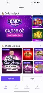 Pantalla de la app de Hard Rock Bet Casino con los Jackpot diarios. 