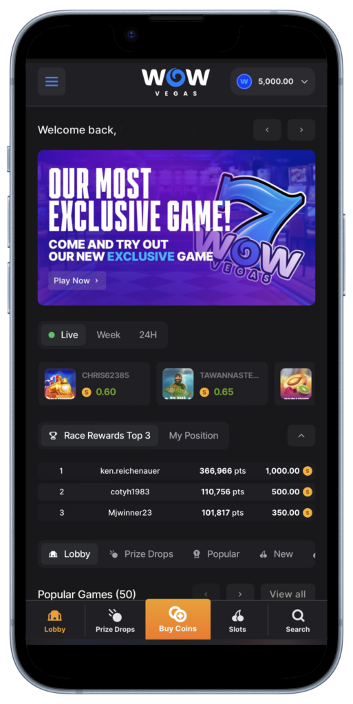Interfaz móvil de Wow Vegas mostrando promociones, recompensas en carreras y juegos populares.