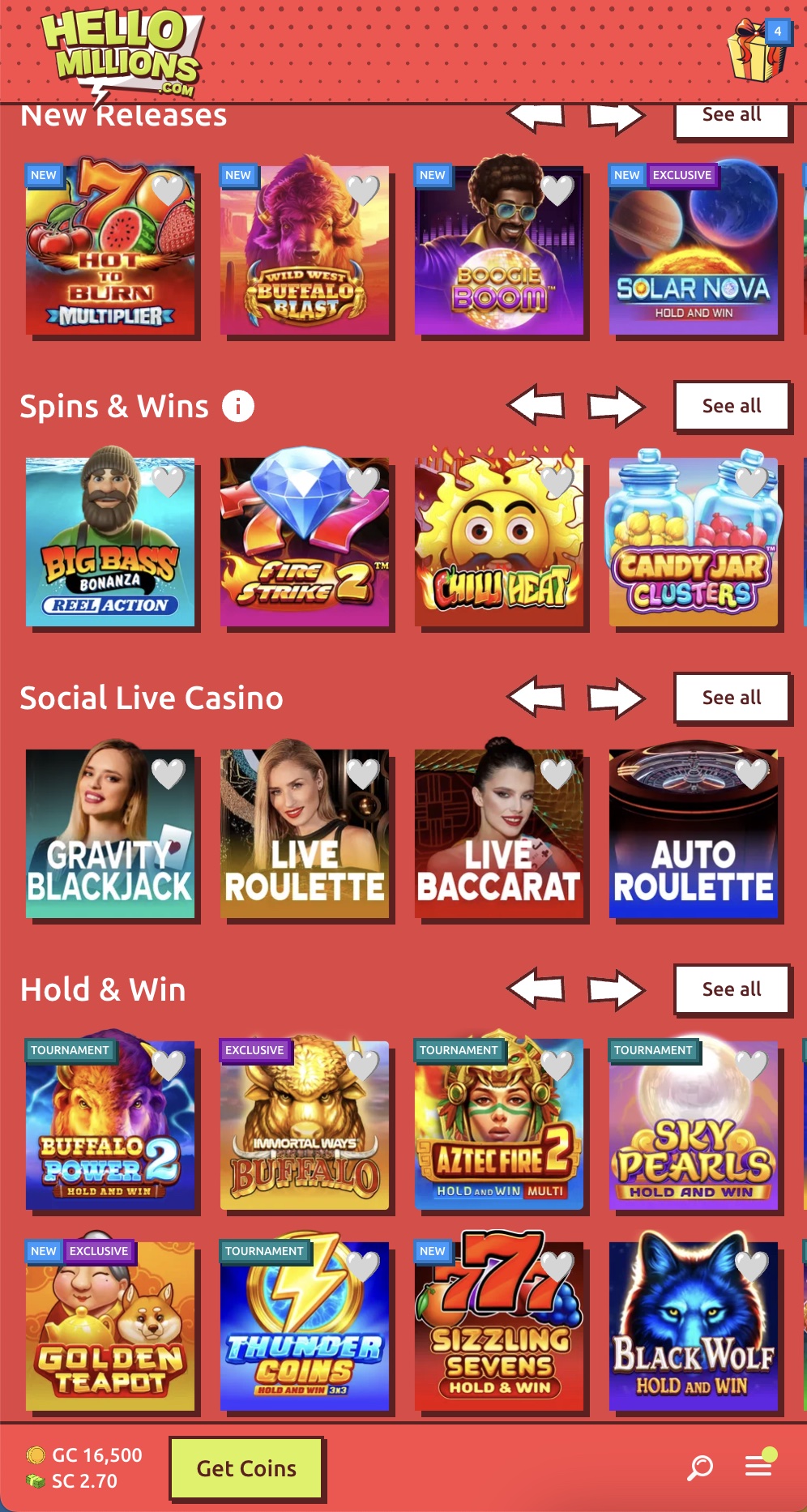 Pantalla de la app de Hello Millions con diversos juegos de casino 