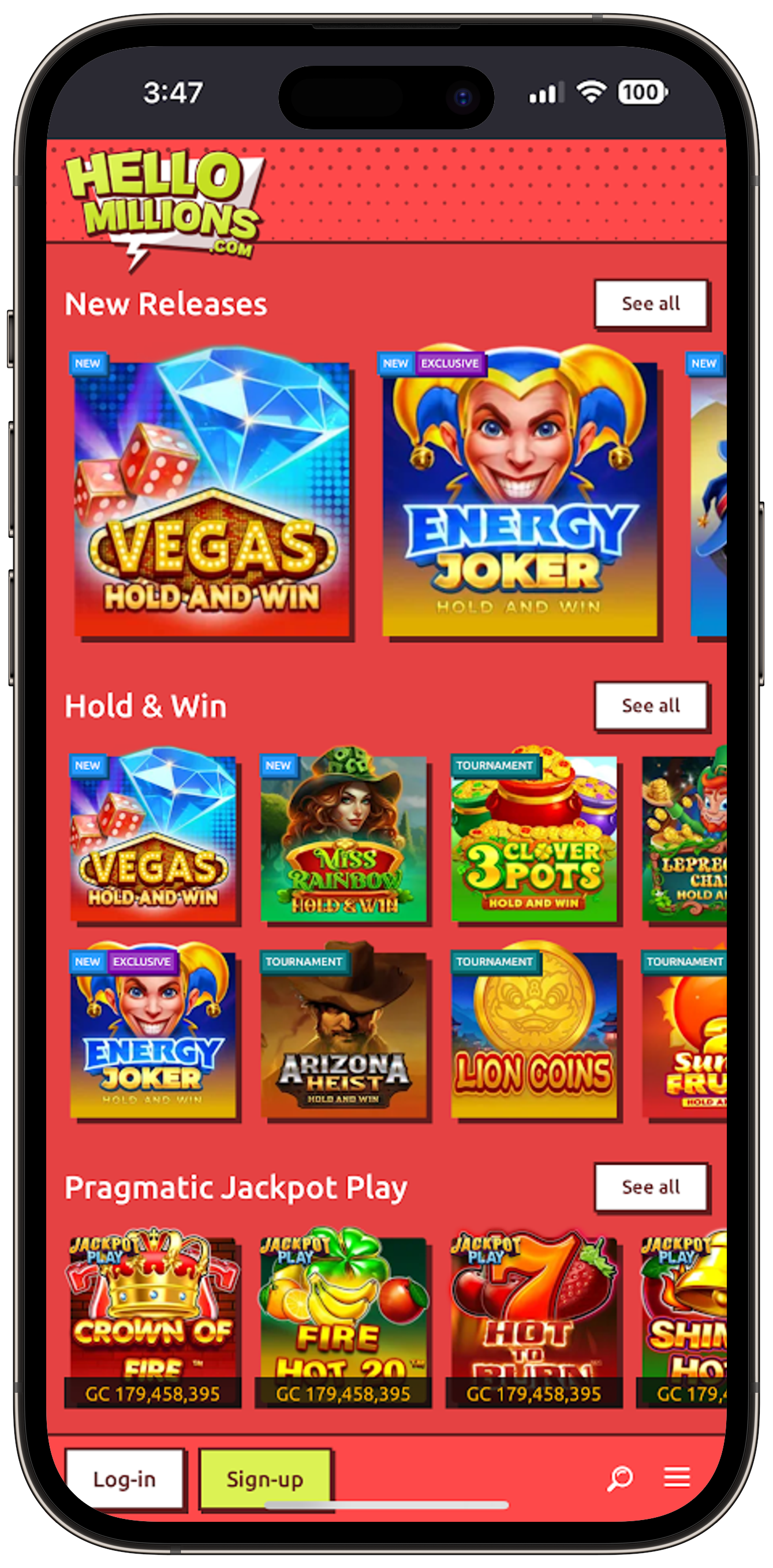Pantalla de la app de Hello Millions en un teléfono móvil, mostrando los nuevos juegos de lanzamiiendo, Hold & Win y juegos de Pragmatic Jackpot 