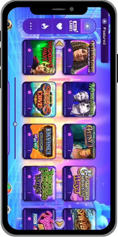 Pantalla móvil de High 5 Social mostrando los juegos destacados.