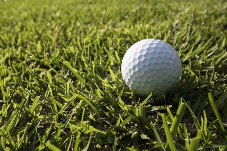 A white golf ball on a field