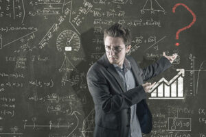 Confused teenager and blackboard with formula and red question mark, asking for solution
