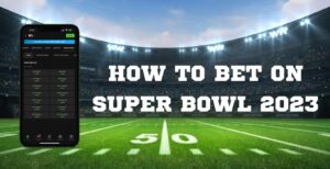 How to Bet on Super Bowl 2023 with DraftKings Sportsbook app on the left and a football stadium as the background