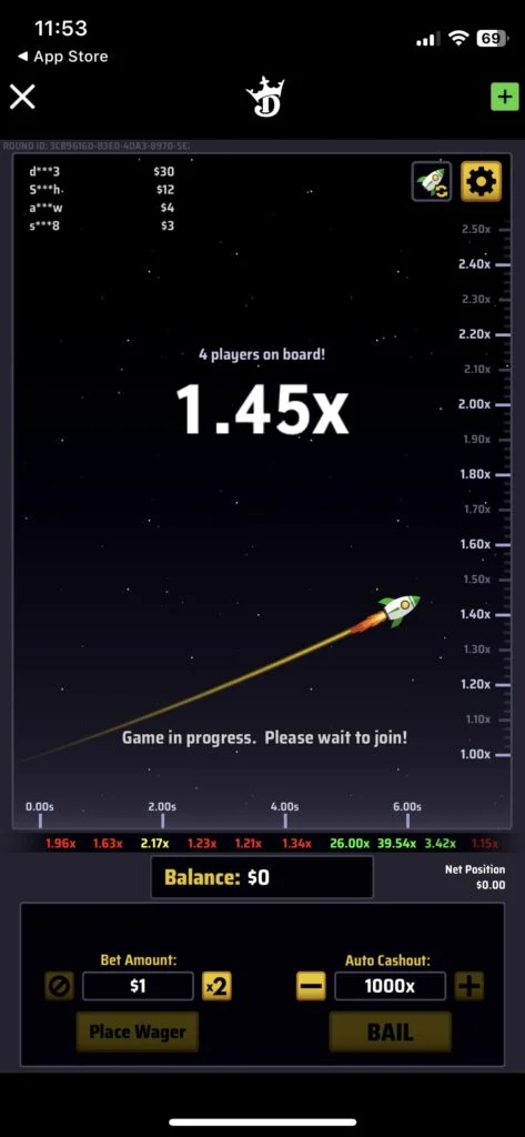 A screenshot of the DraftKings Casino app's Rocket.