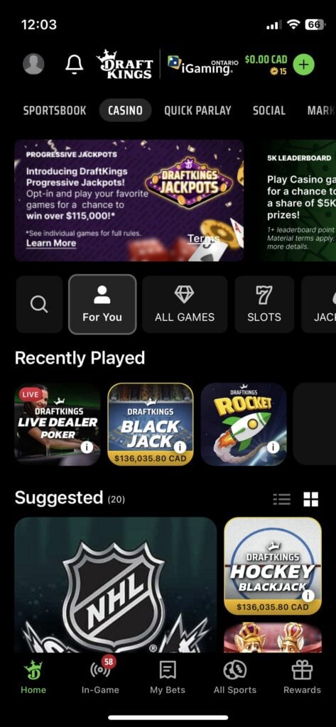DraftKings Casino App - Homescreen