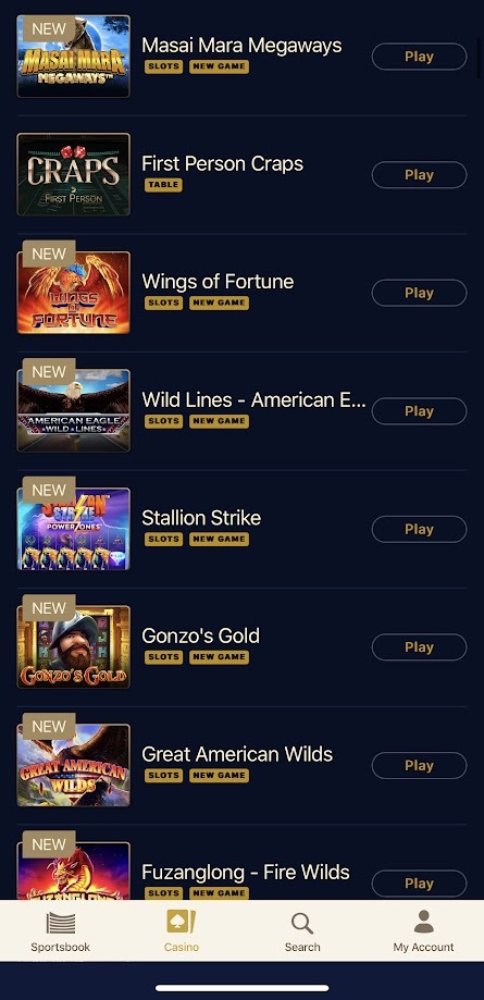 A screen shot the WynnBET Casino app games section.