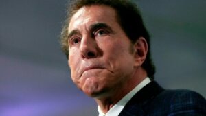 doj brief lays out appeal in steve wynn civil suit. Close up Steve Wynn, lips pursed, dark suit, white collar