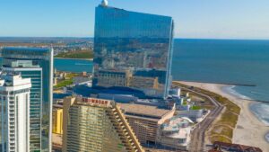 ocean casino resort atlantic city rebuilds beachfront. Image: aerial of Ocean and showboat casinos on AC boardwalk.