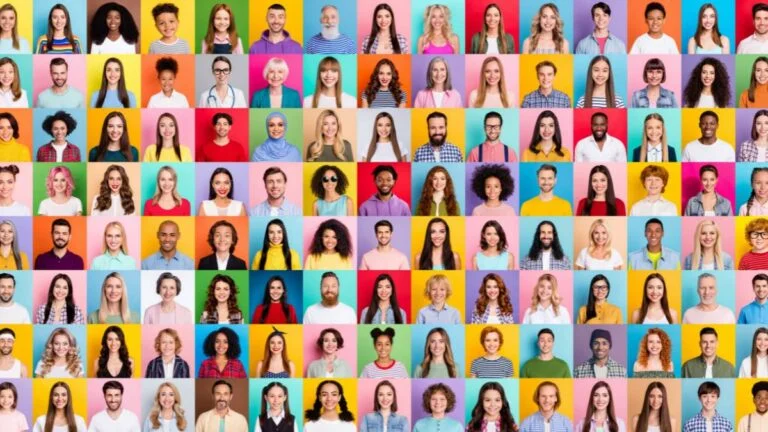 flutter joins diversity and inclusion group. image is collage of diverse smiling faces on brightly colored backgrounds