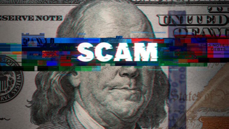 us gamblers more vulnerable to financial fraud than non-gamblers. scam in glitchy abstract sits across close up of 100 dollar bill
