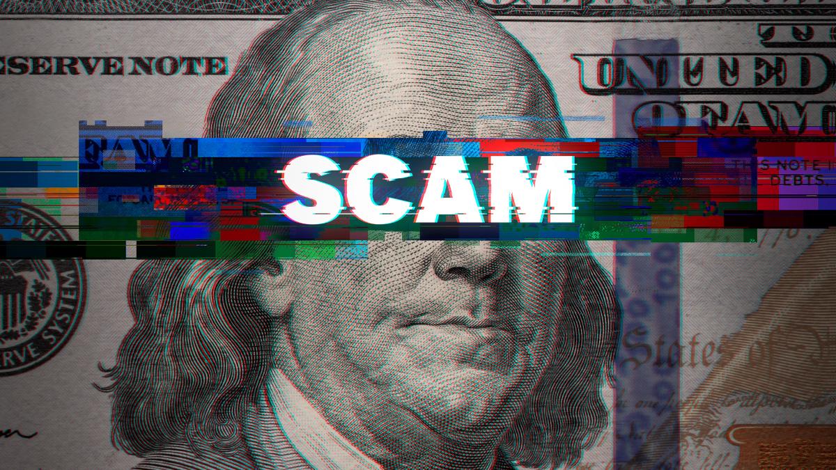 us gamblers more vulnerable to financial fraud than non-gamblers. scam in glitchy abstract sits across close up of 100 dollar bill