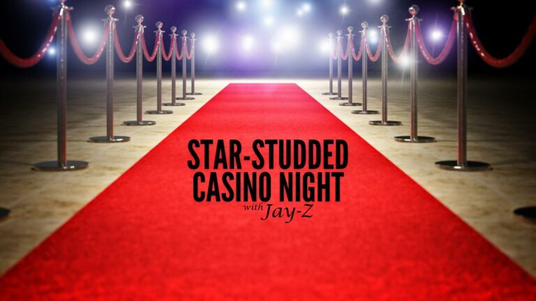 jay-z will host a star-studded blackjack fundraising for reform alliance in atlantic city. Image shows a red carpet. text reads star-studded casino night  jay-z