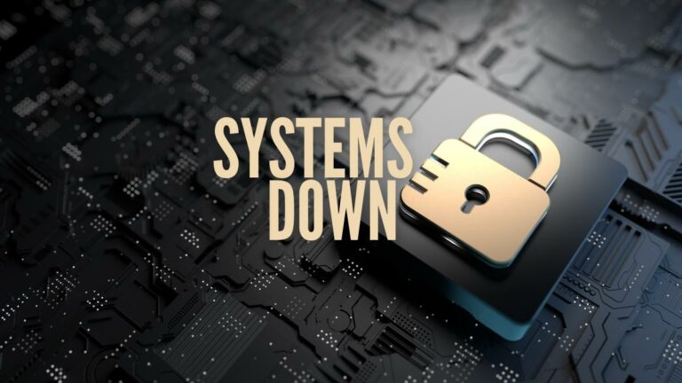 mgm properties suffer widespread us outage. gold padlock gold text: systems down on black circuit board background.