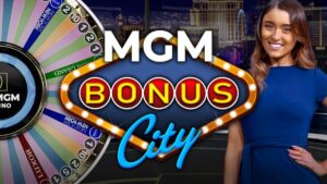 betmgm releases hybrid dealer game mgm bonus city online. what is a hybrid delaer game.mgm bonus city logo surrounded by game show wheel on left and brunette host in blue dress on right