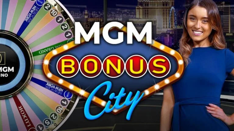 betmgm releases hybrid dealer game mgm bonus city online. what is a hybrid delaer game.mgm bonus city logo surrounded by game show wheel on left and brunette host in blue dress on right