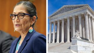 doi responds to west flagler request for stay in supreme court. left image: secretary of the interior debra haaland right image: supreme court building