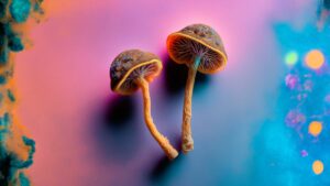 research looks to psilocybin "magic mushrooms" as possible treatment for gambling addiction. duo dried magic mushrooms on pastel psychedelic background