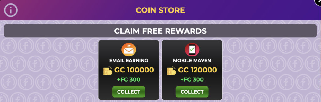 La pantalla de Fortune Coins para reclamar recompensas gratuitas. 