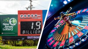 A New Jersey Lottery Billboard and a Roulette Wheel Depict What Jackpocket Casino Will Promote