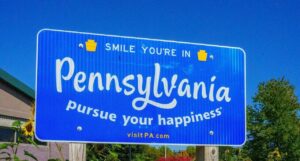 A Road Sign Welcomes Drivers to Pennsylvania