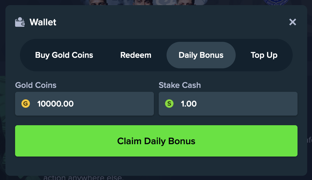 Pantalla de Stake.us donde muestra la wallet con la sección de bonos diario para cobrar.